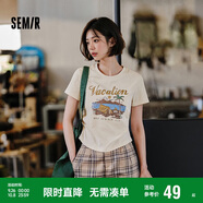 森馬（Semir）短袖T恤女短款設(shè)計感印花復(fù)古夏季正肩修身上衣107424100004