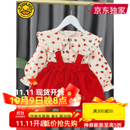 G.duck.小黃鴨童裝女童連衣裙春秋洋氣寶寶周歲生日禮服公主裙嬰兒衣服 紅色點(diǎn)點(diǎn)背帶碎花長(cháng)袖裙 90cm 均碼