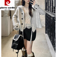 皮爾卡丹（pierre cardin）秋冬日韓休閑手工織帶寬松針織開(kāi)衫外套女大翻領(lǐng)感長(cháng)袖毛衣 淺灰色 均碼
