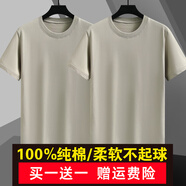 戰(zhàn)浩【2件】純棉短袖t恤男夏季衣服圓領(lǐng)半袖寬松白上衣純色打底衫體恤 卡其色+卡其色 3XL 建議【160-175斤】