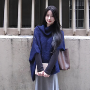 蘇雨薇法式堆堆領(lǐng)藍色斗篷式馬甲針織衫女秋冬季高級感疊穿毛衣罩衫上衣 藍色毛衣【關(guān)注店鋪-送運費險】 S （80-95斤）