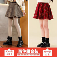 小豬彼特女童裙子冬款2025新款兒童半身裙秋冬格子裙女大童毛呢裙冬裝短裙 4068卡其色+4507紅色 120 cm