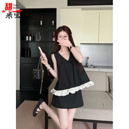 甜米寶法式蝴蝶結V領(lǐng)撞色拼接背心西裝半身裙2025夏季新款名媛風(fēng)套裝女 黑色上衣+短裙 【兩件套】 S 80-100斤