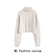 京功女生加厚毛衣高領(lǐng)套頭短款麻花女秋冬慵懶風(fēng)寬松針織外穿 米白色 S 90-105斤