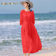 夏典素訂女王（SE.PSTP）文藝復古刺繡紅色五分袖連衣裙子女2025新款夏季氣質(zhì)沙灘裙中長(cháng)款 紅色 XL
