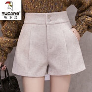 啄木鳥(niǎo)加厚毛呢短褲女秋冬季2025新款外穿松緊高腰顯瘦百搭闊腿打底靴褲 6108杏色 L 【100-115斤】