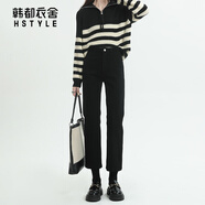 韓都衣舍小紅書爆款黑色九分牛仔褲女秋冬加絨加厚小個子高腰窄版直筒煙管 黑色-長褲 29 均碼