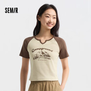 森馬短袖T恤女短款設(shè)計(jì)感印花夏季插肩袖緊身套頭衫109324100036