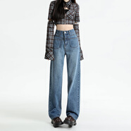 媚哥牛仔褲女高腰闊腿春秋新款垂感寬松拖地長(cháng)褲顯瘦直筒春夏闊腿褲女 窄版單扣【長(cháng)褲】復古藍單褲 L 碼【2.3尺腰-約108-118斤穿】