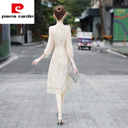 皮爾卡丹（pierre cardin）歐美2025新款法式裙子女夏 收腰顯瘦高個子重工釘珠v領蕾絲連衣裙 杏色 S