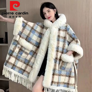 皮爾卡丹（pierre cardin）大尺碼秋冬帶帽毛絨斗篷披肩連帽格子加厚毛領(lǐng)外套加絨口袋披風(fēng) 藍格口袋