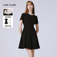 LIME FLARE萊茵福萊爾赫本風法式設計感2024春季收腰雙色別致珍珠新款連衣裙 黑色 M