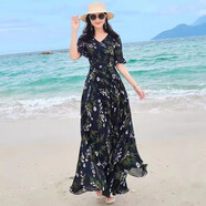 NUKM2025夏法式V領(lǐng)顯瘦印花雪紡連衣裙女超長(zhǎng)到腳踝拖地大擺沙灘長(zhǎng)裙 黑色碎花 5XL 建議150-160斤