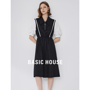 BASIC HOUSE/百家好連衣裙黑白拼色襯衫領(lǐng)2024夏季新款收腰顯瘦減齡a字裙 黑色 S