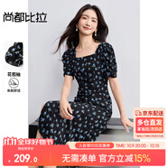 尚都比拉法式連衣裙女夏季方領(lǐng)堆堆袖復(fù)古波點(diǎn)抽褶開叉A字裙