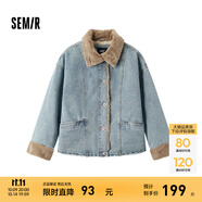 森馬（Semir）牛仔棉服女拼接毛領(lǐng)美式復(fù)古2024冬寬松毛邊夾克街頭潮流 牛仔淺中藍(lán)88601 2XL 175/96A