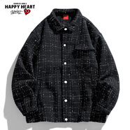查爾斯桃心秋季寬松美式厚款潮牌學(xué)生翻領(lǐng)格子工裝夾克外套男女同款 黑色 L