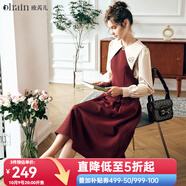 Olrain歐芮兒法式酒紅色背帶連衣裙女秋秋減齡復(fù)古裙子 酒紅色 M
