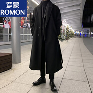 羅蒙（ROMON）中長款風衣男秋冬季過膝英倫風毛呢大衣休閑套裝加厚仿仿羊絨 黑色毛呢大衣【單件裝】 XL