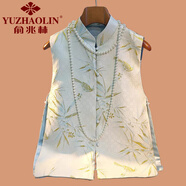 俞兆林（YUZHAOLIN）媽媽春秋新中式旗袍馬甲外搭新款上衣中老年女唐裝中國風坎肩外套 綠色 3XL (參考120-135斤)