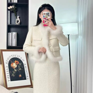 瑪嬌媚（Majiaomei）小香風(fēng)連衣裙女裝套裝2025秋冬新款韓版加絨加厚毛茸茸短外套裙子 奶白色套裝 XL