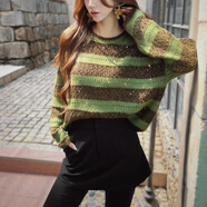 粉紅大布娃娃條紋毛衣女2025秋冬新款亮片鏤空寬松圓領(lǐng)針織衫上衣 豆綠色拼色 均碼