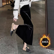 花花公子（PLAYBOY）黑色金絲絨半身裙2025秋冬長(cháng)裙高腰開(kāi)叉顯瘦中長(cháng)款復古一步裙子 黑色（裙長(cháng)83）官方旗艦版 加絨 L 建議105-120斤
