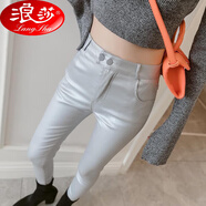 浪莎潮牌彈力緊身皮褲女秋冬季新款大碼女裝修身顯瘦外穿打底長(cháng)褲 銀色款 加絨 XL