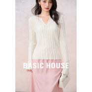 Basic House/百家好綿羊毛純色針織衫秋季桑蠶絲長(cháng)袖打底衫2025女 白色 XL 125-140斤