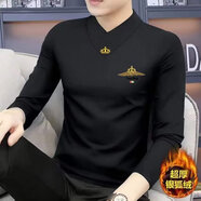 軒萊雅（XUANLAIYA）高端秋冬新款男士長(cháng)袖t恤V領(lǐng)修身保曖打底衫加絨加厚中青年外穿潮 黑色 加絨 XL