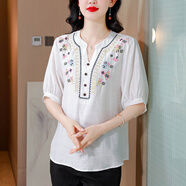 法蘿迪 棉麻t恤女2024春夏季新款女裝時尚民族風文藝森系刺繡上衣 白色  M