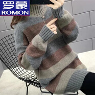 羅蒙（ROMON）秋冬加厚羊毛衫女2024新款中長(cháng)款半高領(lǐng)毛衣女寬松外穿毛線(xiàn)衣慵懶 KG咖啡色 L 建議110-120斤