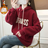 啄木鳥加絨加厚連帽衛(wèi)衣女冬季新款學生韓版寬松顯瘦保暖刺繡上衣 酒紅色 【加絨加厚不起球】 L 【建議100-120斤】