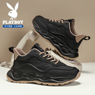 花花公子男鞋2025秋冬季新款高級感老爹鞋潮流厚底休運動(dòng)鞋子男士加絨棉鞋 黑沙色 43