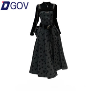 DGOV微甜酷辣妹高腰吊帶百褶繡花秋季連衣裙+打底衫顯瘦套裝裙子冬季 長(cháng)裙zt L 【100-120斤】