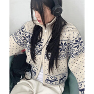 現(xiàn)寶蓮雪花針織毛衣女日系復(fù)古費(fèi)爾島短開衫女秋冬立領(lǐng)長(zhǎng)袖拉鏈針織外套 杏色 S