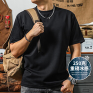 季言夏季250g厚實(shí)重磅冰感純棉短袖t恤男夏美式汗衫男卡其色純色半袖 黑色（全新250G冰感棉面料） XL