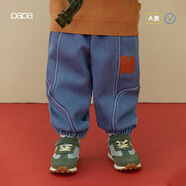 papa爬爬冬季兒童牛仔褲子男女寶寶加絨加厚束腳長(cháng)褲洋氣時(shí)髦 藍色 90