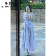 春乏連衣裙女春夏新款法式溫柔風(fēng)穿搭公主裙收腰顯瘦荷葉邊通勤長(cháng)裙子 藍色短Xiu連衣裙 S 75-95斤