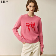 LILY冬新款女裝學(xué)院風(fēng)減齡圓領(lǐng)寬松俏皮蝴蝶結(jié)長袖針織衫女款 122粉紅 L