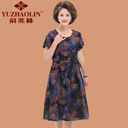 俞兆林（YUZHAOLIN）中老年女裝連衣裙短袖夏中長(zhǎng)裙新款大碼胖mm印花棉綢媽媽裝裙子女 藏青鳳尾花 XL 90-105斤