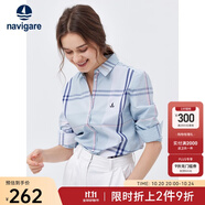 Navigare意大利小帆船女士長(zhǎng)袖襯衫春秋季休閑格子襯衣萊賽爾高檔寸衫 蔚藍(lán)/白 L