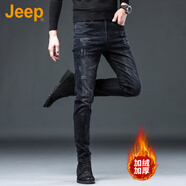 吉普（JEEP）美國(guó)正品高端彈力直筒牛仔褲秋冬新款男士痞帥休閑修身小腳褲春秋 黑色 加絨 【官方正品】 32 【適合140斤左右】