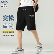 GENIOLAMODE短褲男士夏季休閑寬松直筒松緊腰帶黑色百搭五分褲子潮 黑色 XL 