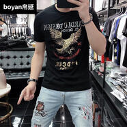 帛延 潮牌短袖T恤男士修身夏季新款絲光棉半袖男老鷹亮片燙鉆潮流體恤 黑色 L