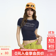 KAMA卡瑪設(shè)計(jì)感撞色印花圓領(lǐng)短袖T恤2025新款夏季女彈力短款上衣 深藍(lán) M