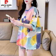 皮爾卡丹（pierre cardin）國(guó)際品牌純棉中長(zhǎng)款短袖t恤女夏裝2025新款寬松大尺碼洋氣遮屁股 淺彩色 L 適合121-140斤
