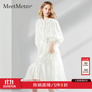 MeetMetro瑪依爾氛圍感連衣裙女2025春新款繡花鏤空泡泡袖襯衫裙甜美收腰裙 白色【現(xiàn)貨閃電發(fā)】 S