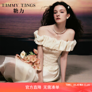 糖力【商場(chǎng)同款】夏新款泡泡云朵連衣裙女打攬一字肩長(zhǎng)裙 杏色 S