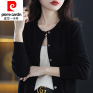 皮爾卡丹（pierre cardin）23年新款春秋圓領女士開衫百搭洋氣寬松顯瘦薄款毛衣短款羊毛針織 黑色 XL 120-135斤